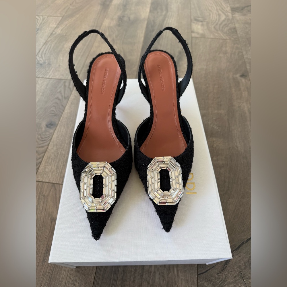 New Authentic Amina Muaddi Camelia 60mm Tweed Slingback Pump Size 38.5
